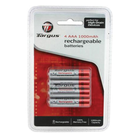 Targus AAA Rechargeable Batteries, 1000 mAh Nickel Metal Hydride (NiMH), Pack of Four.