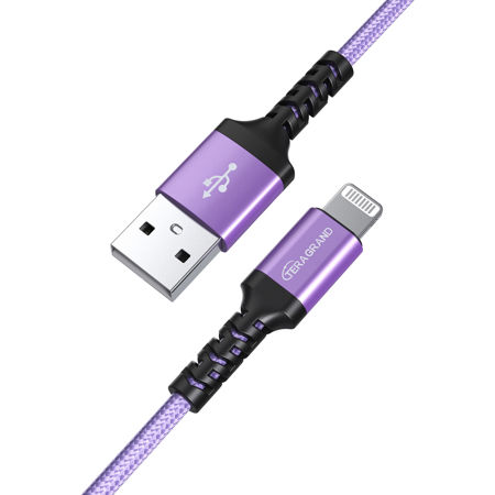 Tera Grand 4' Apple C89 MFi Certified Lightning to USB Braided Cable with Aluminum Housing, Purple