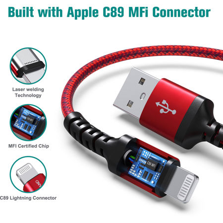 Tera Grand 4' Apple C89 MFi Certified Lightning to USB Braided Cable, Red