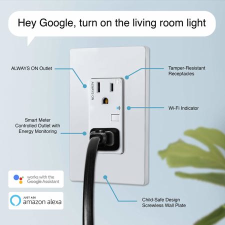 TOPGREENER In-Wall Smart Wi-Fi Outlet with Energy Monitoring, 15A/120V, White