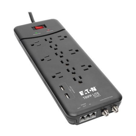 Tripp Lite TLP128TTUSBB 12-Outlet Tel/Modem/Coax Surge Protector with 8' RJ11 Cord, 2x USB Ports, Black