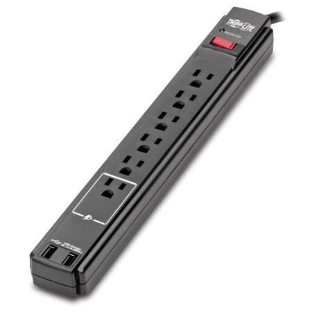 Tripp Lite TLP606USBB 6-Outlet Surge Protector with 6' Cord, 2x USB Ports, Black