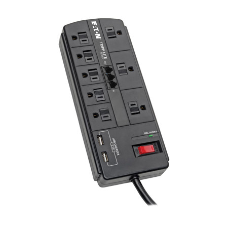 Tripp Lite TLP88TUSBB 8-Outlet Tel/Modem Surge Protector with 8' Cord, 2x USB Ports, Black