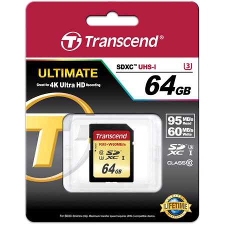 Transcend 64GB Class 10 SDXC UHS-I U3 Memory Card for Digital Cameras and Camcorders, 95/60 MB/s Read/Write Speed, 4K Video Recording Performance