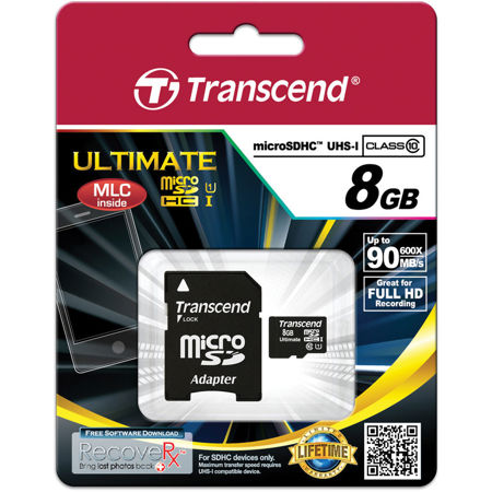 Transcend 8GB Ultimate 600x microSDHC Class 10 Memory Card with Adapter