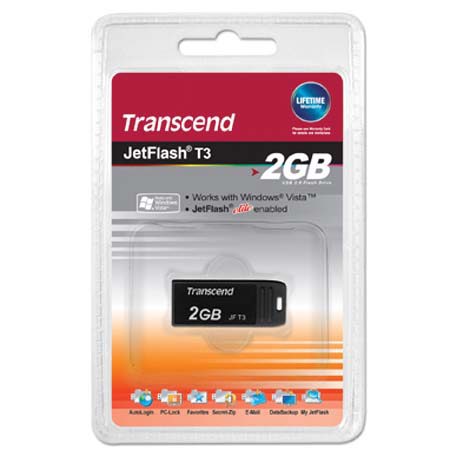 Transcend JetFlash T3 Ultra Tiny Series, 2 GB High Speed USB 2.0 Flash Drive, with MLC inside, Black