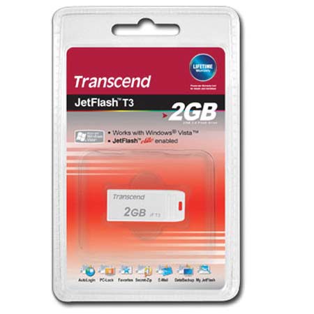 Transcend JetFlash T3 Ultra Tiny Series, 2 GB High Speed USB 2.0 Flash Drive, with MLC inside, White