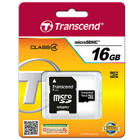 Transcend 16GB Class 4 (HD) microSDHC Memory Card + Adapter