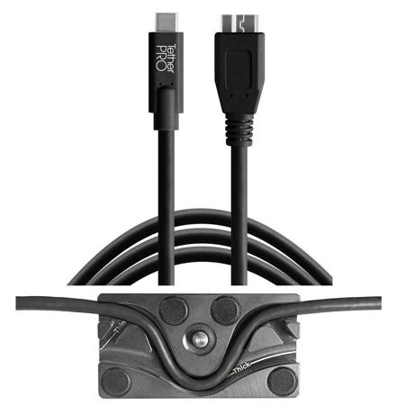 Tether Tools TetherBLOCK MC Multi Cable Mounting Plate with TetherPro 15' USB-C to Micro-USB 3.0 Type-B Cable, Black