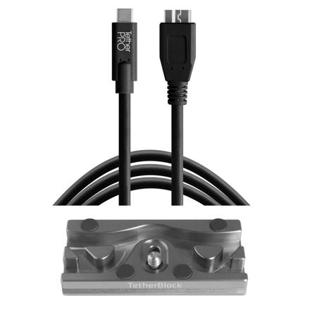 Tether Tools TetherBLOCK QR Plus Quick Release Plate with TetherPro 15' USB-C to Micro-USB 3.0 Type-B Cable, Black