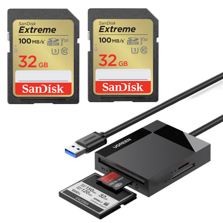 UGREEN 4-In-1 USB 3.0 SD/TF Card Reader, with 2x Extreme 32GB Memory Card