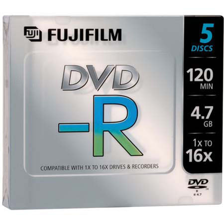 Fujifilm DVD-R, 120 Minute, 4.7 GB, 16x, 5 Disc Pack in Slim Case #25302266