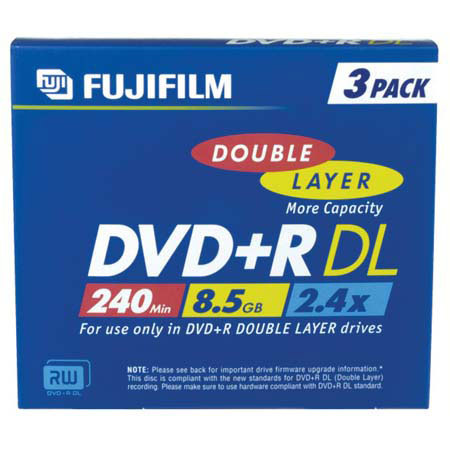 Fujifilm DVD+R, Double Layer, 4 Hours, 8.5 GB, 2.4x, 3 Disc Pack #25302913