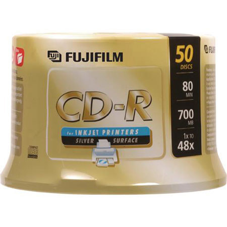 Fujifilm CD-R, Silver Inkjet Hub Printable, 80 Minutes, 48x Speed, 700mb, 50 Disc Pack on Spindle