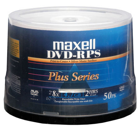 Maxell DVD-RPS 4.7GB Silver Matte Print-To-Center Recordable Discs, 50 Pack