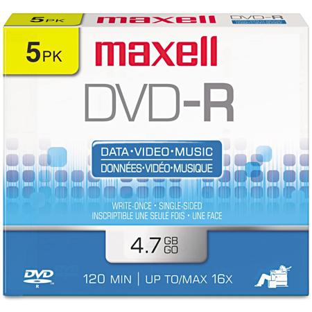 Maxell 4.7GB 16x DVD-R Recordable Discs, 5 Pack