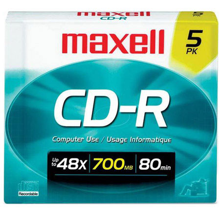 Maxell CD-R 700MB 48x Recordable Compact Disc with Slim Jewel Case, Pack of 5