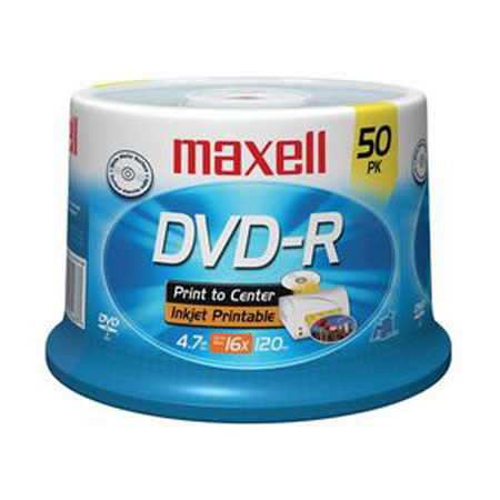 Maxell White Inkjet Printable DVD-R Media, 50 Spindle