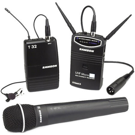Panasonic Samson UHF Micro 32 Channel Camera Mountable Lavalier Wireless System with T32 BeltPack & Audio Technica AT-831 Cardioid Mic