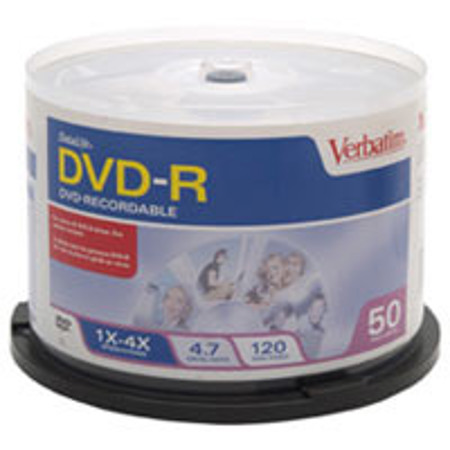 Verbatim DVD-R Minus Recordable Media, 4x Speed, 4.7GB, 50 Pack on Spindle.