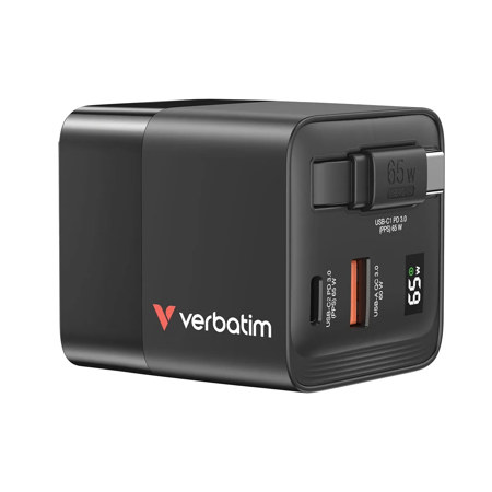 Verbatim 65W 2-Port GaN Wall Charger with Retractable USB-C Cable