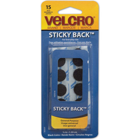 VELCRO Brand 5/8" Black Sticky Back Hook and Loop Dot Fasteners, Coins, 15 Set