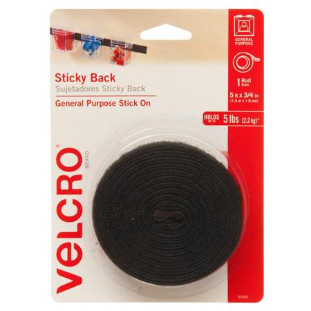 VELCRO Brand Sticky Back Hook and Loop Tape, 0.75" x 5' Size, Black