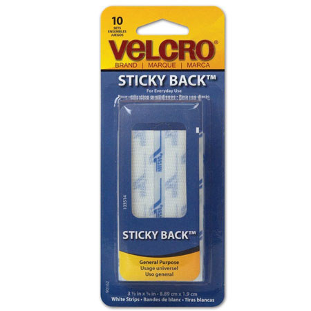 VELCRO Brand 3-1/2" White Sticky Back Fasteners, Strips, 10 Sets