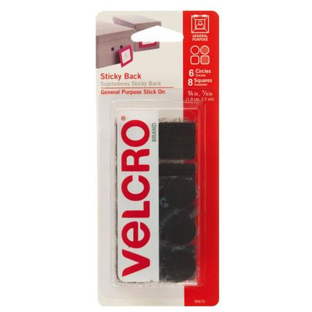VELCRO Brand Black Sticky Back Fasteners, 3/4" of 6 Coins & 7/8" of 8 Squares
