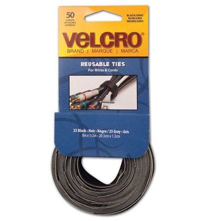 VELCRO Brand 8" x 1/2" Black/Gray ONE-WRAP Reusable Ties, 50 Pack