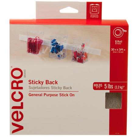 VELCRO Brand Sticky Back Hook and Loop Tape, 3/4" x 30' Size, White