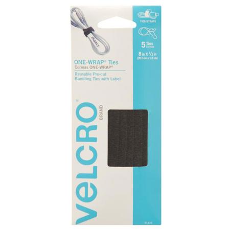 VELCRO Brand ONE-WRAP 8 x 0.5" Straps with Write-On Tab, 5 Pack, Black