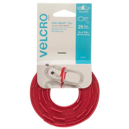 VELCRO Brand ONE-WRAP 8 x 0.5" Straps, 25 Pack, Red