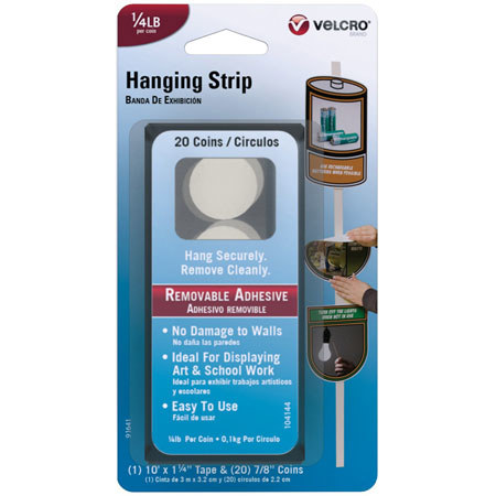 VELCRO Brand Removable Hanging Strip, 10' x 1.25" & 20-7/8" Coins, White