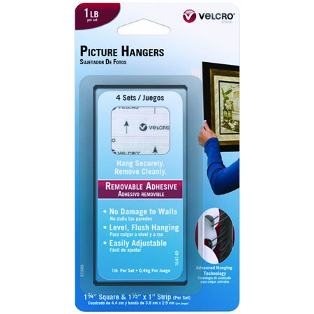 VELCRO Brand Removable Picture Hangers, 1.5 x 1" Strips, White, Set of 4