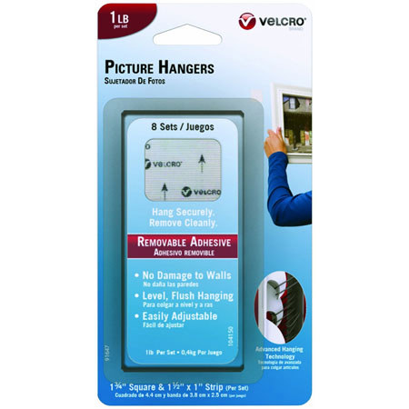 VELCRO Brand Removable Picture Hangers, 1.5 x 1" Strips, White, Set of 8