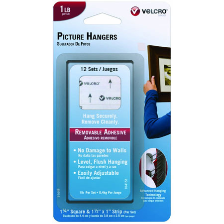 VELCRO Brand Removable Picture Hangers, 1.5 x 1" Strips, White, Set of 12