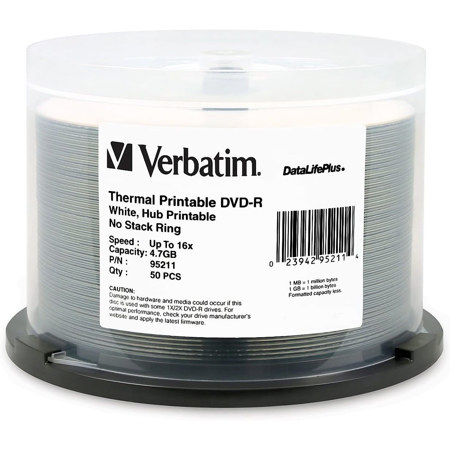 Verbatim DVD-R 4.7GB 16x DataLifePlus White Thermal Printable Recordable Disc, Hub Printable, 50-Pack Spindle