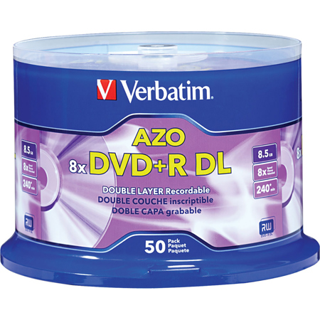 Verbatim DVD+R DL 8.5GB 8x Double Layer Recordable Disc with Branded Surface, 50-Pack Spindle