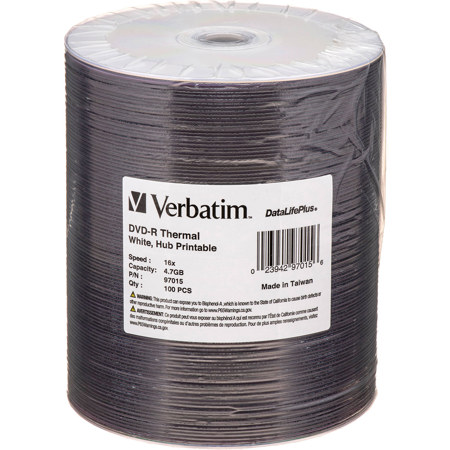 Verbatim DVD-R 4.7GB 16x DataLifePlus White Thermal Printable Recordable Disc, Hub Printable, 100-Pack Tape Wrap