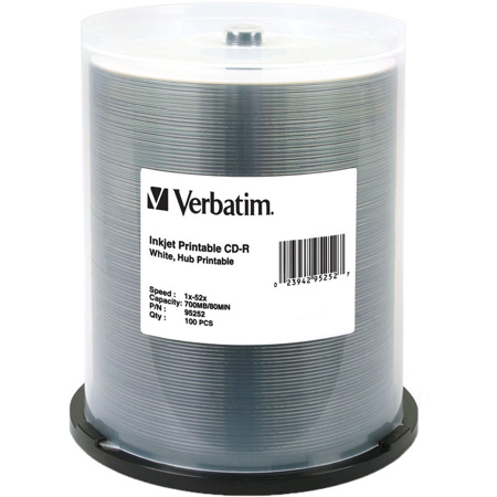 Verbatim CD-R, 80 Minute, 700MB 52x White Inkjet Printable, Hub Printable, 100 Pack on Spindle