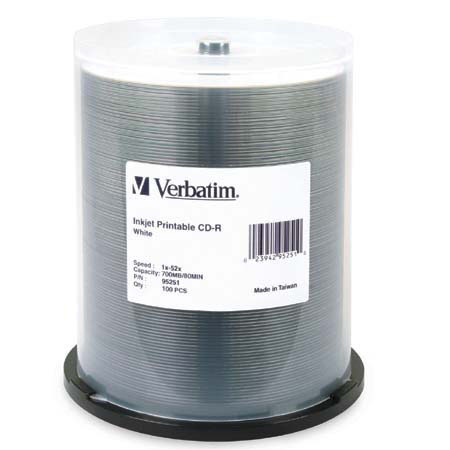 Verbatim 95251 CD-R 80 min,700MB Printable, 100 Pack