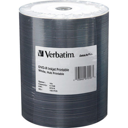 Verbatim DVD-R, 4.7 GB 16x DataLifePlus, White Inkjet Printable, Hub Printable, 100 Pack on Spindle