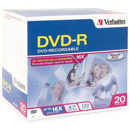 Verbatim 95069 DVD-R, 4.7GB, Branded, 20 Pack Slim Case