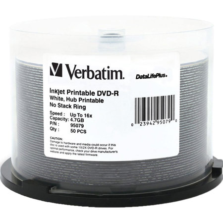 Verbatim DVD-R, 4.7 GB 16x DataLifePlus, White Inkjet Printable, Hub Printable, 50 Pack on Spindle
