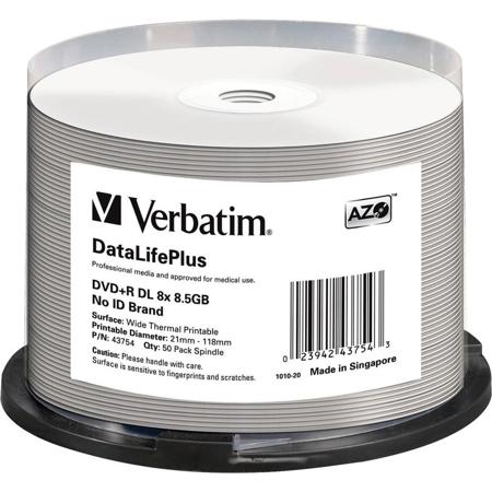 Verbatim DVD+R DL 8.5GB Thermal Printable Recordable Discs for All Double Layer Drives, Spindle Pack of 50
