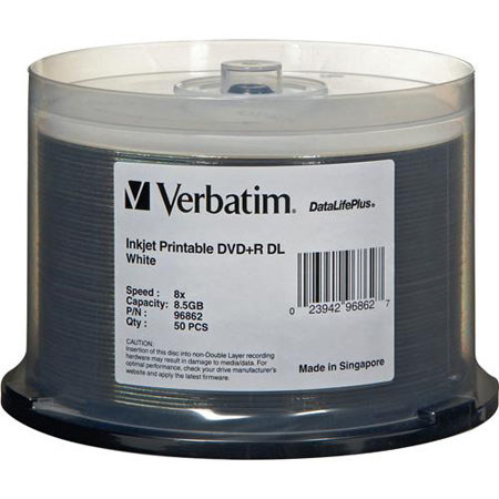 Verbatim Disc, DVD+R Double Layer, 8.5GB, 8X, White Inkjet, DataLifePlus, 50pk