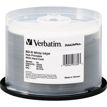 Verbatim BD-R Blu-ray 25GB 6x Single-Sided White Inkjet Hub Printable Discs, 50 Pack Spindle