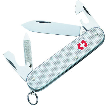 Victorinox Swiss Army 84mm/3.31in Cadet Pocket Knife, Silver Alox Ribbed