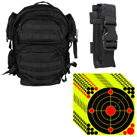 NcSTAR Vism Tactical Back Pack, Bundle with Single Pistol Magazine Pouch, Black, 10x Aries 12x12" Splatter Bullseye Fluorescent Yellow Shooting Target Stickers